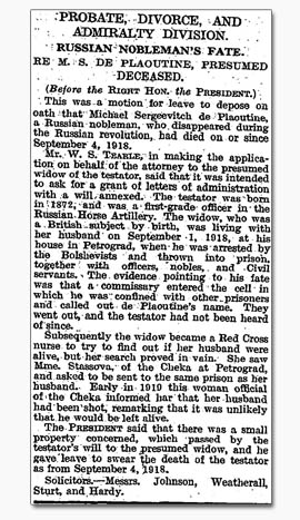 Michael de Plaoutine Declared Lost 'The Times' 29 Nov 1927