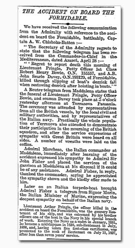 Death of Lt. Arthur Pringle onboard HMS Formidable 'The Times' 30 Apr 1902